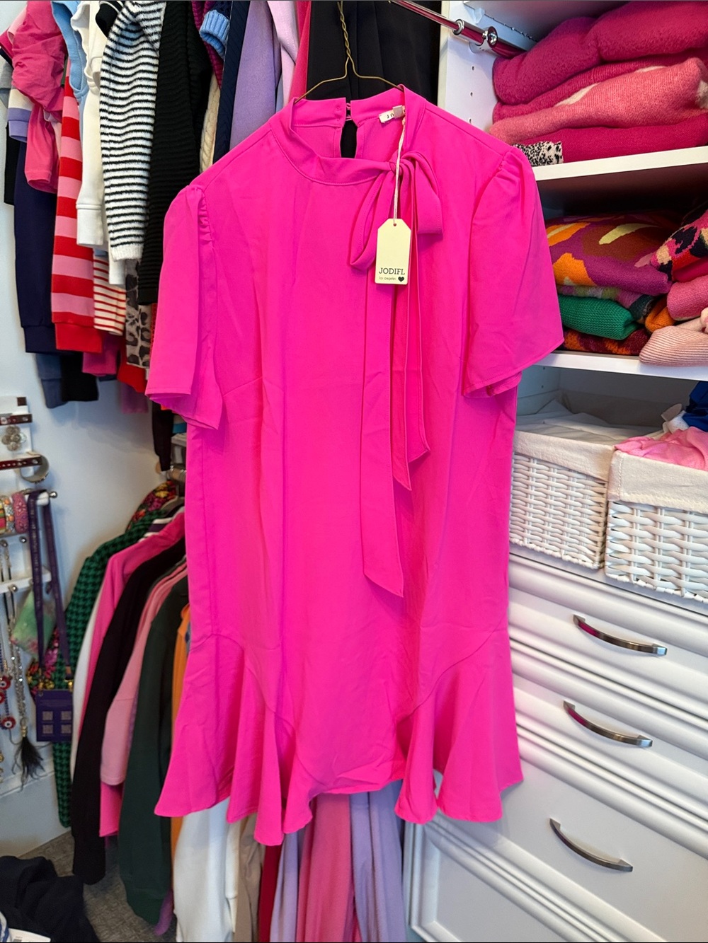 JODIFL Bright Hot Pink Tie-Neck Short Sleeve Dress